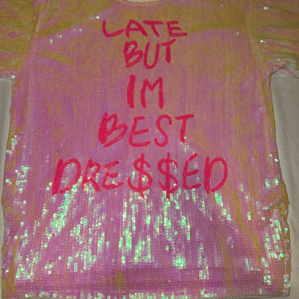 Pink Sequin Top with Bold Text